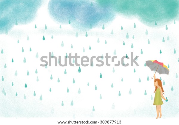 雨の日にカラフルな傘を持つ女の子の手描きのイラスト 希望 待ち 願い 悲しみ 孤独 一人で 楽しみ 幸せというアイデアコンセプト 壁紙 背景 デザインに適しています のイラスト素材