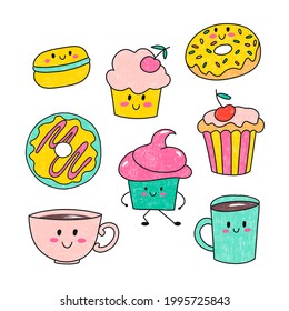 Hand Drawn illustration isolated on white background. Sweets Set of elements. Kawaii characters. Cute face emotions in cartoon pencil style. Donut, cupcake, cup of tea, coffee, mug macaroon Kids party