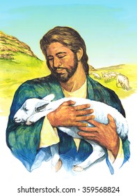 Hand Drawn Illustration Of Jesus, The Shepherd And Sheep