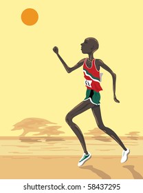 A Hand Drawn Illustration Of A Kenyan Marathon Runner Under An African Sunset