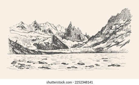 Hand drawn illustration landscape mountain range   river  Peak outdoor sketch in black color beige background  Using for travel  poster   card  Hand drawn travel postcard in retro style 