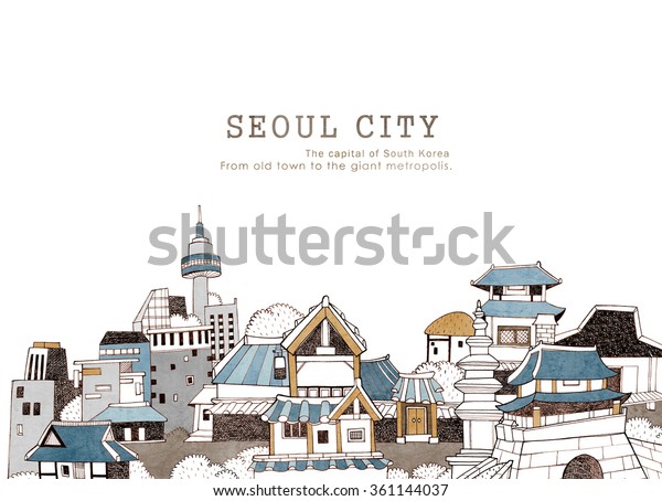 Hand drawn illustration in line art featuring traditional houses and