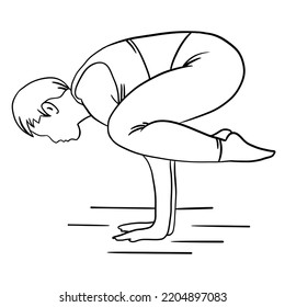 Hand Drawn Illustration Of Man Woman In Yoga Balance Pose. Teenager Fitness Body Sport, Relaxation Harmony Self Help Concept. Self Love Healing Exercise.