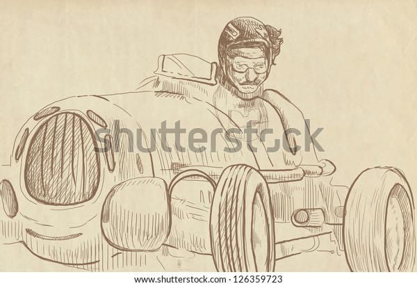 A\
hand drawn illustration of an moto racer driving old fast car (car\
veteran). /// Brown outlines on browned and old\
paper.