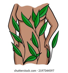 Hand Drawn Illustration Of Naked Nude Woman With Brwon Skin In The Branches Leaves Nature. Sensual Harmony, Elegant Fit Feamle Body, Spa Mediation Healthcare Concept. Topless Torso Young Stylized