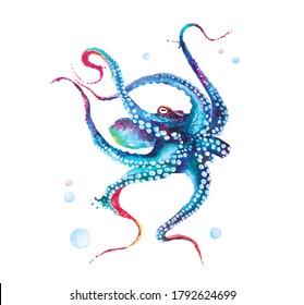 Hand drawn illustration octopus watercolor isolated on white background.Devilfish with tentacles swimming and living in the deep sea.In the form of fantasy.