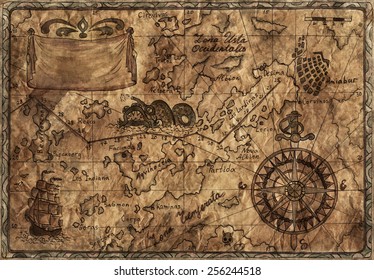 Hand Drawn Illustration Of Old Pirate Map With Desaturated Effect On Grunge Paper Background