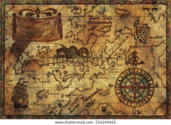 古い海賊の地図と布地のテクスチャーと彩度を落とした効果を手描きのイラスト のイラスト素材