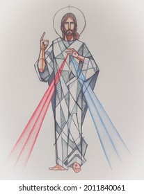 Hand drawn illustration or painting of Jesus Christ of the Divine Mercy