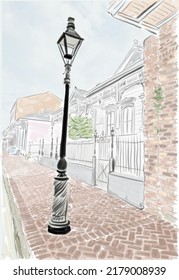 Hand Drawn Illustration. Pastel And Colored Pencil. New Orleans Street Scene With A Street Lantern And Traditional Homes. Bourbon Street.