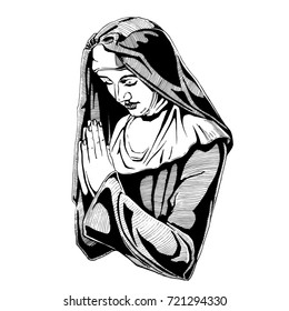 Hand Drawn Illustration Of Praying Nun In Vintage Engraved Style. Isolated On White Background.