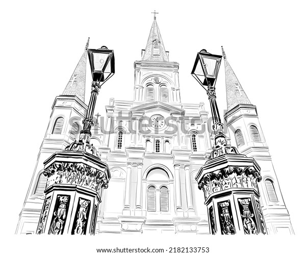 Hand drawn illustration. Saint Louis\
Cathedral in Jackson Square, French Quarter, New Orleans. View of\
the famous iron street lanterns in the\
foreground.