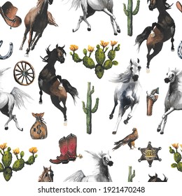 Hand Drawn Illustration. Seamless Pattern. Cute Cartoon. Wild West. Watercolor Drawing. Mustang And Eagle. Horses.