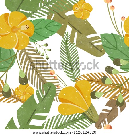 Hand drawn illustration seamless pattern repeated pal leaves tropical hibiscus yellow green rose white background