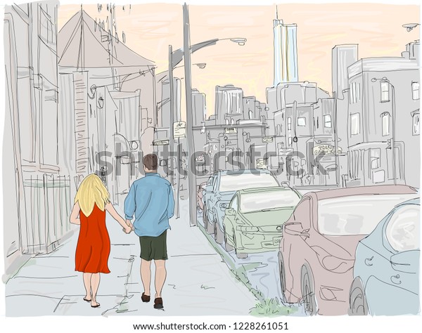 Hand drawn illustration sketch of a young\
couple walking into the sunset in\
Chicago.