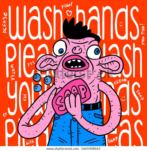 a hand drawn illustration that grabs your\
attention meant to get people to wash and clean their hands in the\
restroom, bath room or toilet. a funny icon or illustration about\
washing and cleaning.
