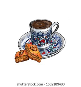 Hand drawn illustration of traditional turkish dessert baklava and coffee in authentic cup with oriental floral ornament with ottoman tulips. Poster, card or flyer design.