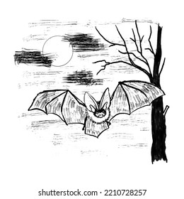 Hand Drawn Illustration Of Vampire Bat Flying In The Sky Moon Tree Branches. Black Line Monochrome Design In Ink Inking Shape Silhouette Outline, Minimalist Drawing Sketch.