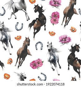 Hand drawn illustration. Watercolor drawing. Seamless pattern. Wild horses. Mustang, poppy, horseshoe. White background. Cute cartoon.