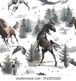 Hand Drawn Illustration. Watercolor Seamless Pattern. Cute Cartoon. Wild Horses Mustang.