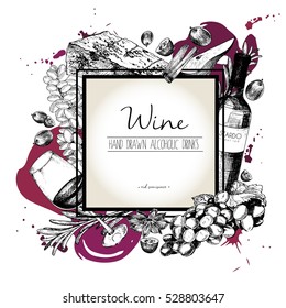  Hand Drawn Illustration Of Wine And Appetizers. Square Border Composition. Grape, Cheese, Rosemary, Spices, Bottle And Wineglass. For Restaurant Menu, Invitation, Greeting, Holiday Store Design