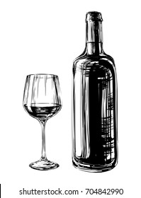 Hand Drawn Illustration Wine Glass and Bottle