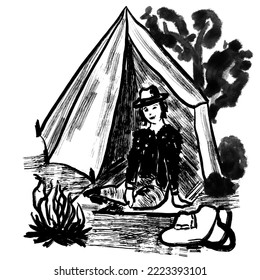 Hand Drawn Illustration Of Woman Camping In Tent With Camp Fire Bag Trees Landscape Outdoors. Black White Monocrome Ink Sketch Illustration, Minimalist Drawing With Simple Brush Strokes.