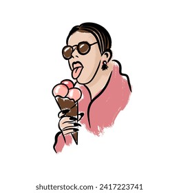 Hand drawn illustration of woman eating ice cream cone. Pink peach apricot colors, black sketch outlines, modern outline art lady in summer sunglasses, fashion icon bold colorful print on white - Powered by Shutterstock