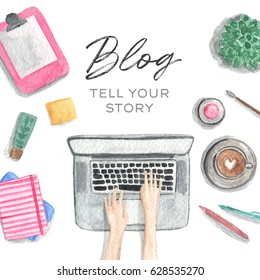 Hand Drawn Illustration of a Workspace, Top View. Workplace of a Girl Blogger With a Laptop.