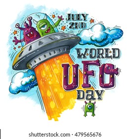 Hand drawn illustration for the World UFO day with two funny aliens in spaceship (flying saucer). July 2dn. This image can be used as a print on t-shirts and bags, greeting card or as a poster.  - Powered by Shutterstock