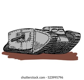 Hand Drawn Illustration Of A World War 1 Style Battle Tank.