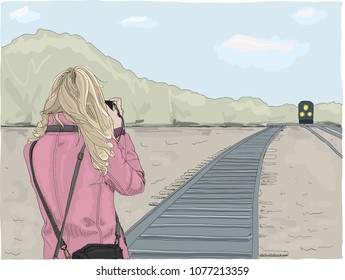 Hand drawn illustration. Young woman stands on train tracks to take a photo of a train approaching in the distance. Concept of outdoor adventure and photography journey. - Powered by Shutterstock