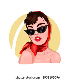 Hand drawn illustrations. Girl with sunglasses and a scarf. 
