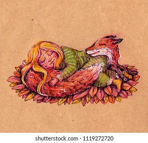 Hand drawn ink   colored pencils illustration girl and fox  Autumn inspiration  Craft paper  Print 
