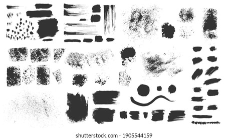 Hand drawn ink design elements. Sponge stamps, dry brush marks, splatter sprinkles, wave, black grungy frames. Set of grunge black artistic brushstroke design elements isolated on white background