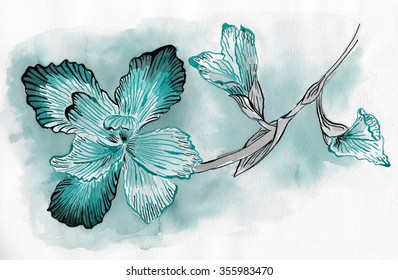 Hand drawn ink pen iris on colorful textured watercolor background in blue and gray