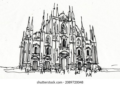 Hand drawn ink sketch Duomo di Milano landmark. World famous place in Milan, Italy. Tourism travel postcard home wall decor poster concept.  Italy Historical buildings.