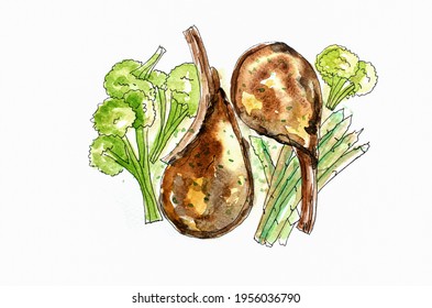 Hand drawn lamb steak in doodle art style on white background - Powered by Shutterstock