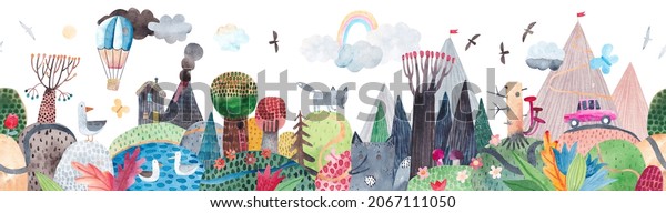 Hand drawn landscape, hills, trail, lonely house, mountains, lake and ship, clouds and balloon, cars. Watercolor illustration. Children's wallpaper mural design