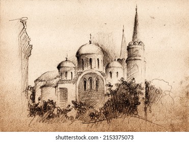 Hand Drawn Landscape Pencil Sketch Of Cathedral Of The Transfiguration Medieval Building In Chernihiv, Ukraine