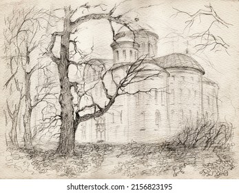 Hand drawn landscape pencil sketch watercolor paper  Medieval building ancient Cathedral   old oak tree in Chernihiv  Ukraine