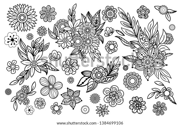 Hand drawn leaves and flowers collection.\
Floral design elements set. Black and white illustration in doodles\
style. Isolated on white\
background.