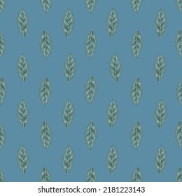 Hand Drawn Leaves Seamless Pattern On Dark Aqua Background. For Fabric, Wrapping Paper, Packaging, Scrapbooking.