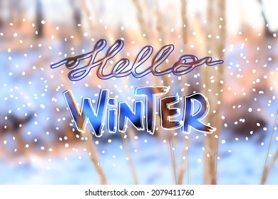 Hand Drawn Lettering Winter Phrase On Blurred Landscape Background. Hello Winter - Calligraphy Text On Nature Snow Forest Photo Backdrop