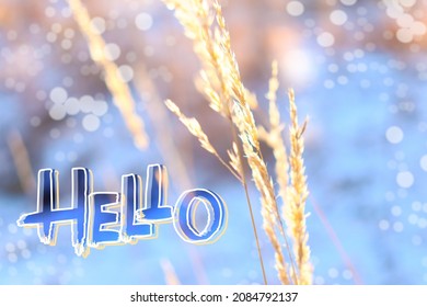 Hand Drawn Lettering Winter Phrase On Blurred Landscape Background. Hello - Calligraphy Text On Nature Snow Forest And Water Photo Backdrop