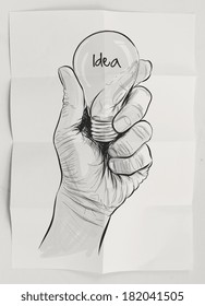 Hand drawn light bulb with IDEA word on crumpled paper as concept