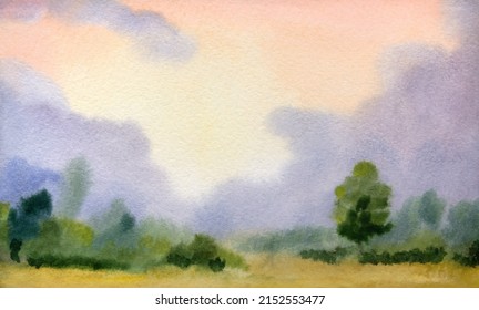 Hand Drawn Light Color Artwork Paint Sketch Misty Spring Rain Travel Trail Scene Paper Text Space Backdrop. Calm Fall Haze Smoke Ripe Dry Grain Crop Scenery Shrub Wood Fir Plant Abstract Scenic View