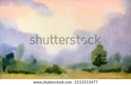 Hand drawn light color artwork paint sketch misty spring rain travel trail scene paper text space backdrop. Calm fall haze smoke ripe dry grain crop scenery shrub wood fir plant abstract scenic view