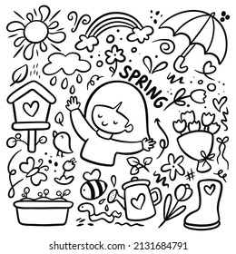 Hand Drawn Line Art Spring Doodle With Flower And Kawaii Little Girl Background