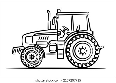 A Hand Drawn Line Art Of A Tractor. Outline Agromotor, Side View.  Modern Flat Illustration. Side View Of Modern Farm Tractor